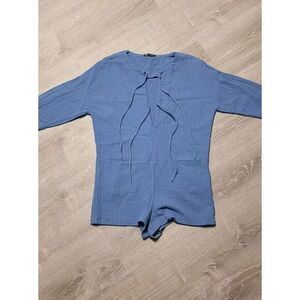 Zara Women's Blue Textured‎ Crepe Long Sleeve Romper Size Small